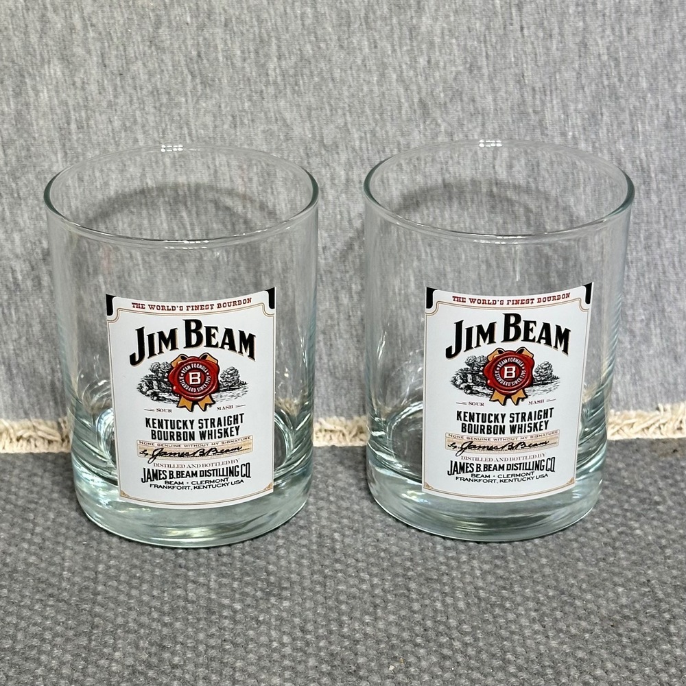 2 VTG Jim Beam Clear Kentucky Straight Bourbon Whisky Lowball Glasses fits 14oz